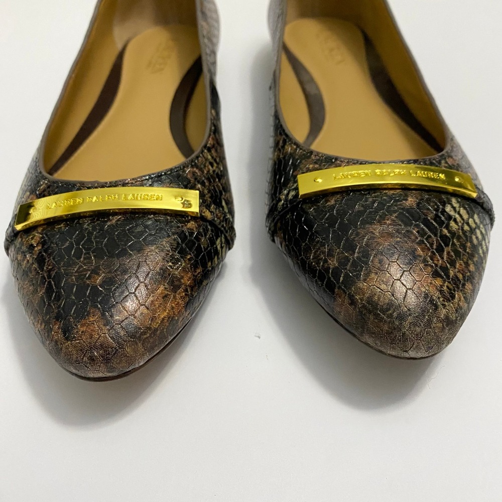 Lauren Ralph Lauren Preppy Snakeskin Flats Womens 9.5 Brown Pointed Toe Logo - Picture 6 of 8